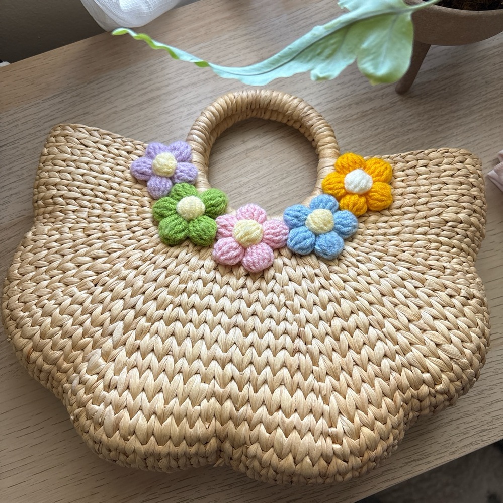 Woven Straw Bag with Colorful Flower Accents